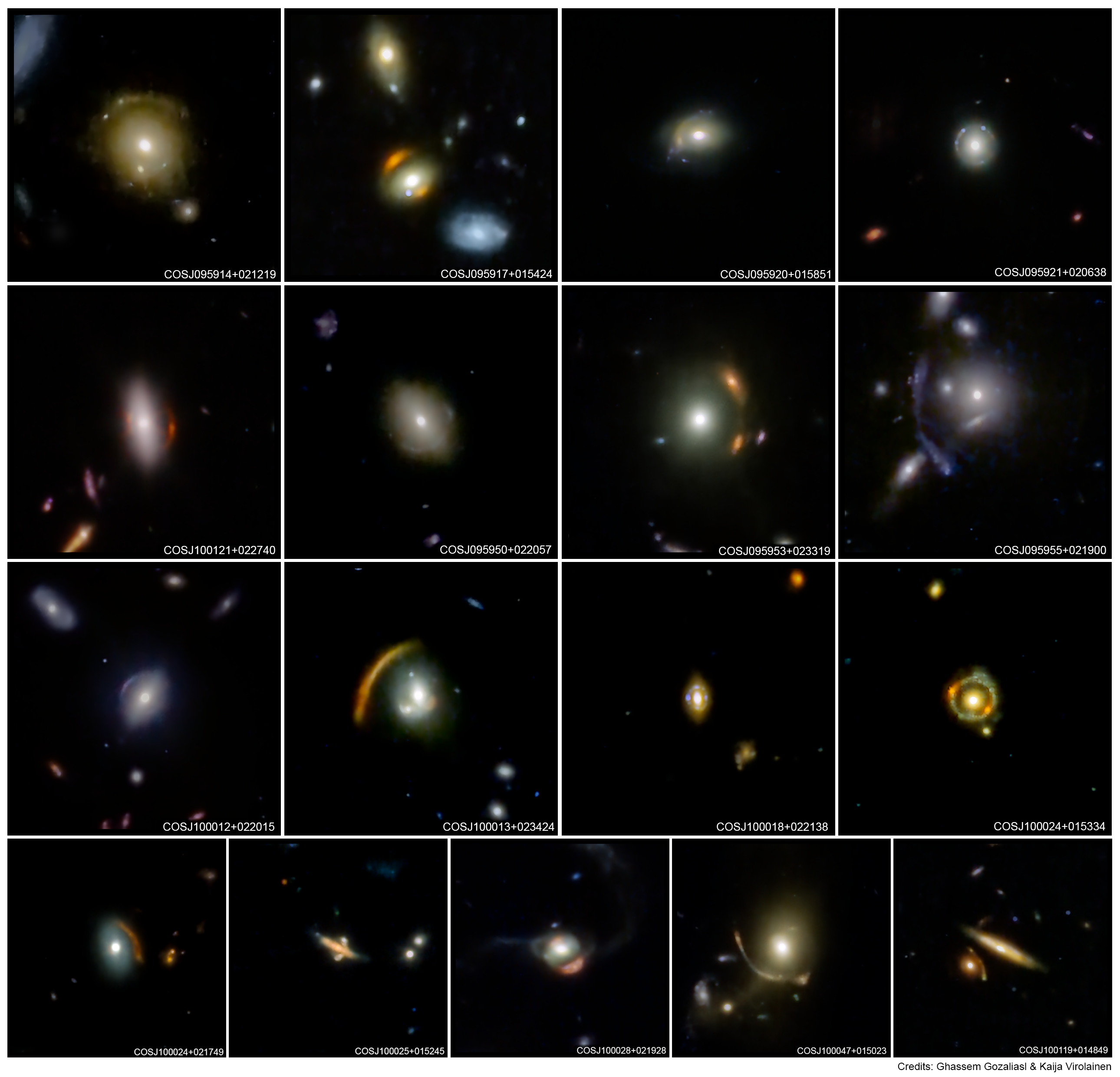 The 17 most spectacular lenses from the COWLS sample, revealed by the JWST imaging through our visual inspection of the COSMOS-Web field. The images are produced combining the four filters (F115W, F150W, F277W, F444W) for an ideal rendering of the lensing evidence. (Mahler et al. 2025)